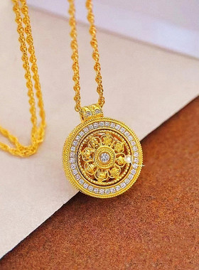 新中式八宝罗盘项链 女纯银镀18K黄金色镶钻圆牌锁骨链高级设计潮