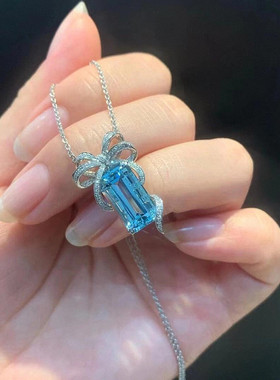 海蓝宝蝴蝶结项链女纯银白金蓝色钻丝带锁骨链高级设计气质名媛潮