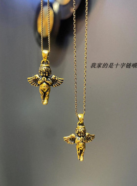 NOMOIOGOE祈祷天使项链女纯银925做旧复古黑金锁骨链治愈个性嘻哈