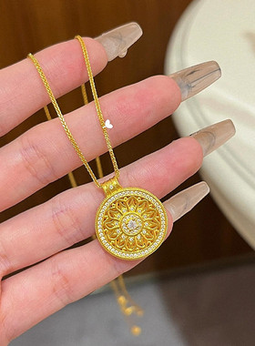 玫瑰花窗吊坠项链 女纯银镀黄金色点钻圆盘挂坠锁骨链毛衣链古法