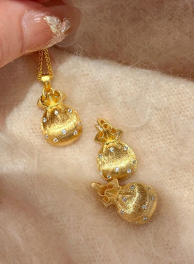 复古拉丝福袋钱袋项链 女纯银镀18K黄金色爆闪点钻锁骨链秋冬新年