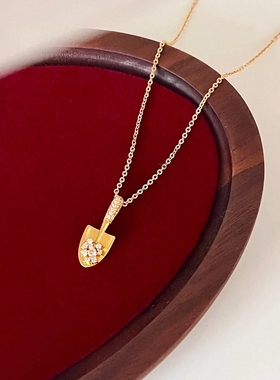 金铲铲带钻项链 女纯银镀18K黄金色小铲子锁骨链个性小众设计复古