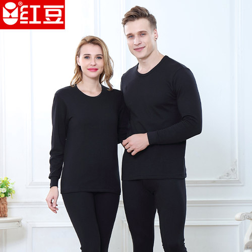 红豆精梳棉纯棉男女士低圆领白色黑色秋衣秋裤棉薄保暖内衣套装 - 图1