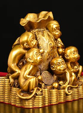 纯铜猴子摆件纯铜五福临门猴家居饰品客厅办公桌摆设生肖猴助运气