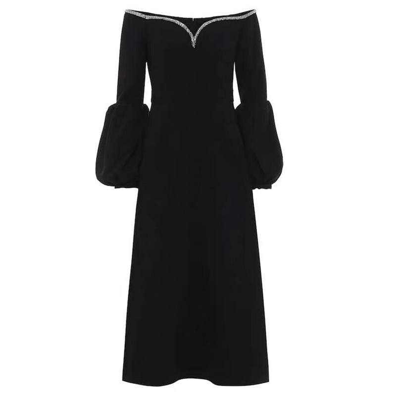 优雅一字肩主持人晚礼服女2024新款高端大气年会小礼服连衣裙显瘦