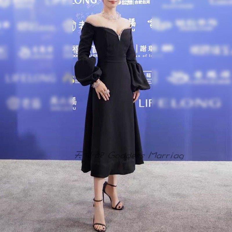 优雅一字肩主持人晚礼服女2024新款高端大气年会小礼服连衣裙显瘦