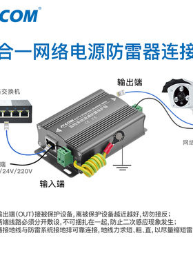 网络二合一电源防雷器百/千兆监控视频浪涌保护避雷器12/24/220V