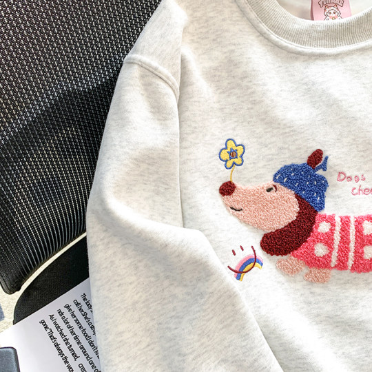 American retro embroidered puppy sweatshirt for women 2025 new hot style autumn and winter plus velvet and thickened this year's popular tops