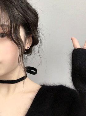 黑色方块波浪耳线女简约百搭耳钉女韩版简约耳坠耳环耳线防过敏潮