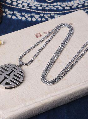 民族风喜字大象吊坠长款毛衣链简约百搭秋冬项链男女复古挂件配饰