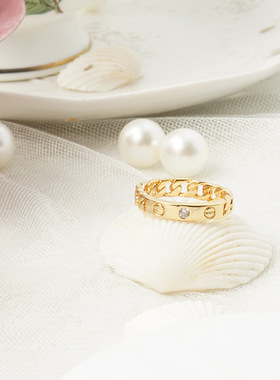 源头厂家高级时尚指环文艺轻奢风设计感戒指 韩版金色链条戒指