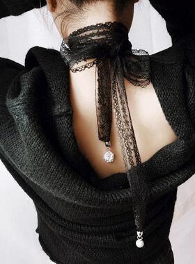 春夏季黑白色细长条蕾丝小丝巾装饰锁骨丝带百搭颈链式领巾女腰带