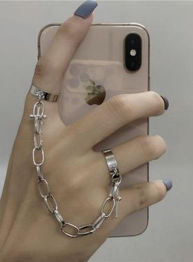 复古简约暗黑链条戒指 ins潮小众设计做旧嘻哈个性开口十字架指环