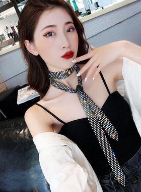 欧美夸张闪亮多排水钻长款流苏锁骨链网红个性颈带黑色复古项链