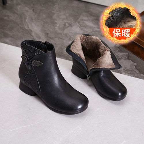 39916头层牛皮冬季加绒高跟短靴女鞋复古风3.5厘米中跟粗跟妈妈鞋 - 图0