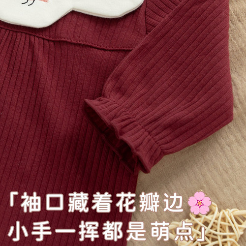 女宝宝连体衣满月百天套装酒红色喜庆新生婴儿公主洋气马年过年服 - 图2