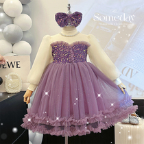 Girls dress Dress Autumn Winter 2024 New Little Girl Bright Sheet Mesh Yarn Dress Child Plus Suede Two Princess Dress