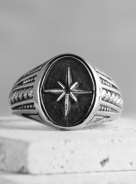 朋克风钛钢戒指男款宝石戒指食指小众指环食指戒复古米字花戒指