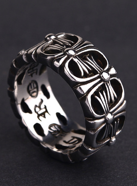 朋克风十字花纹潮牌介子钛钢戒指