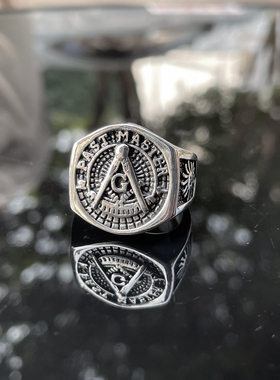 朋克复古钛钢男戒指共济会霸气宽面单身戒子个性网红潮牌蹦迪手饰