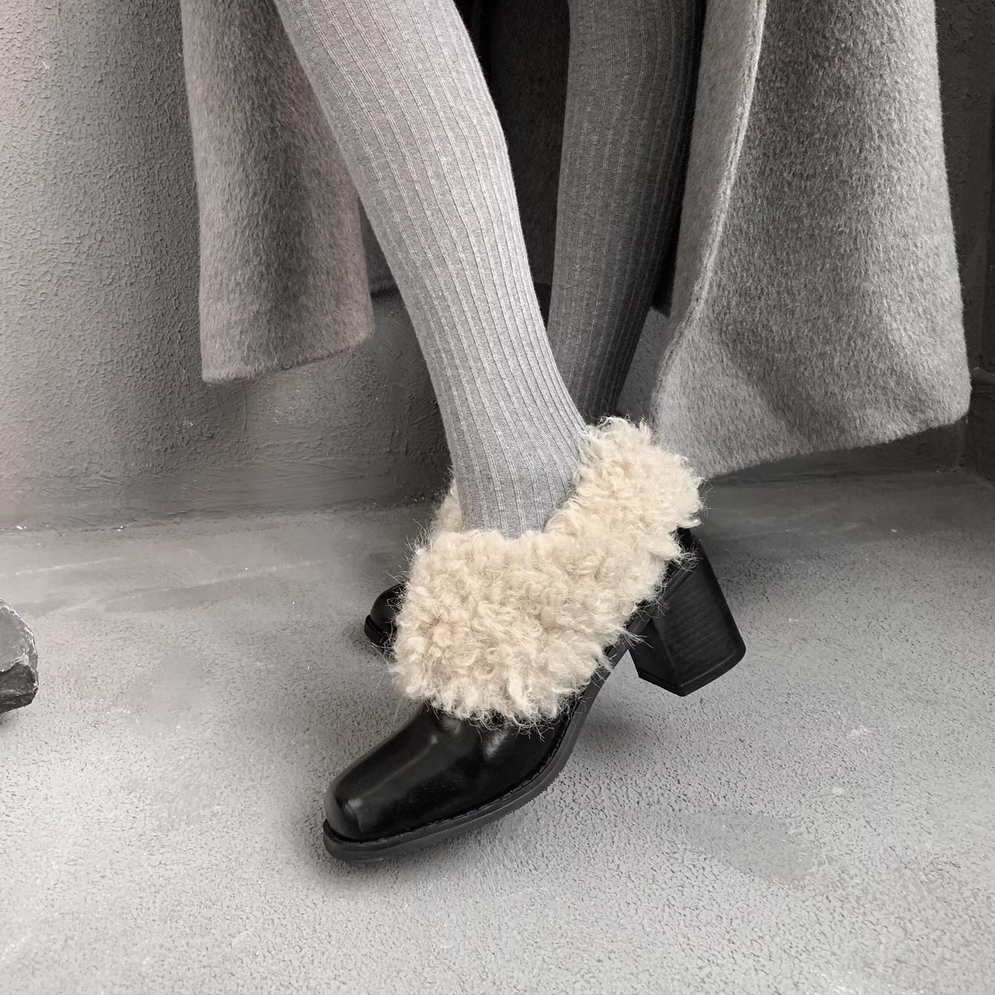 6cm加绒小皮鞋女真皮粗跟外穿保暖鞋毛毛鞋高跟方头复古懒人单鞋 - 图0