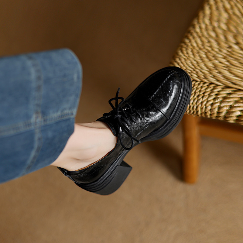 2025春新款真皮厚底系带复古小皮鞋女粗跟防水台圆头羊皮高跟单鞋 - 图2