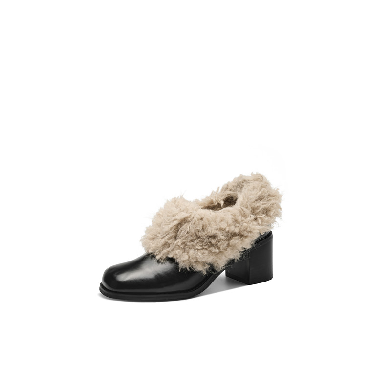 6cm加绒小皮鞋女真皮粗跟外穿保暖鞋毛毛鞋高跟方头复古懒人单鞋 - 图3