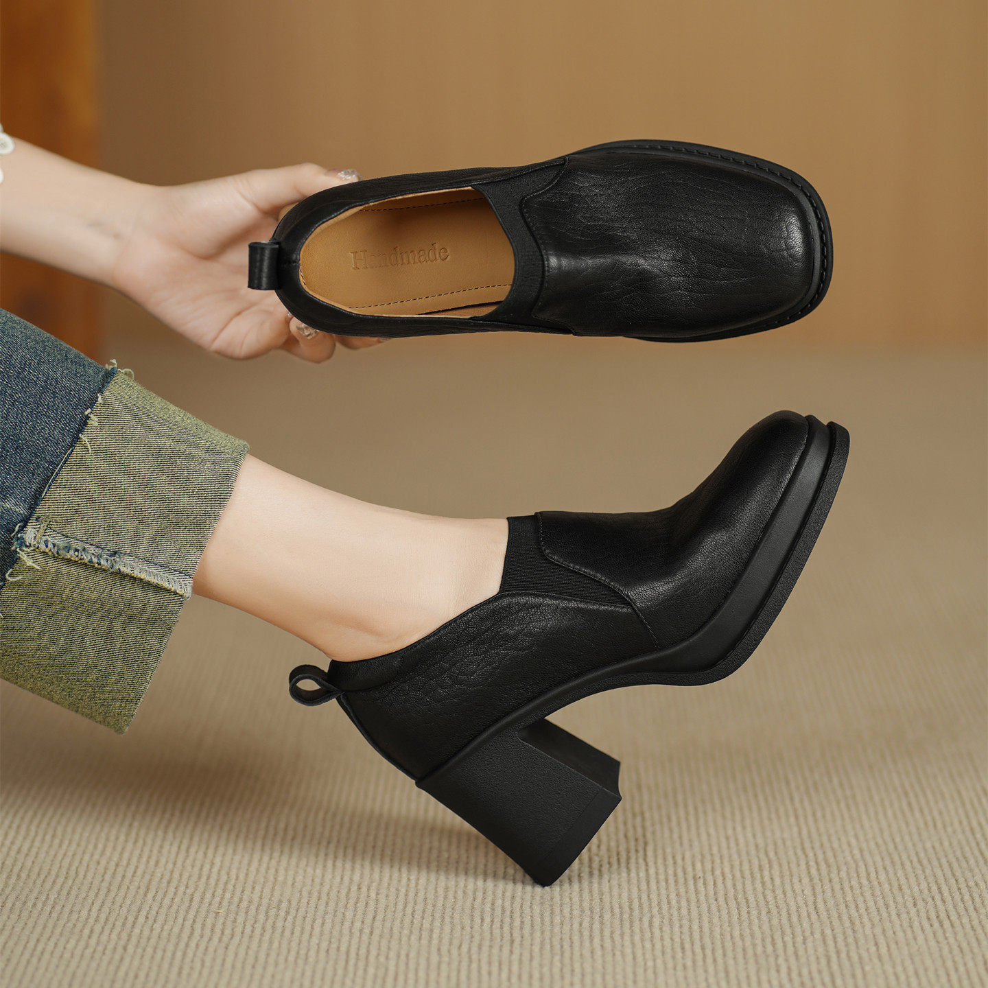 复古真皮粗跟单鞋女8cm皮鞋2025春季新款舒适黑色防水台高跟鞋子,淘宝优惠券,粉丝福利购,淘宝优惠卷