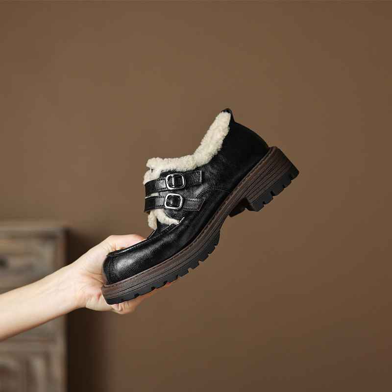 羊羔毛乐福鞋女加绒保暖复古小皮鞋厚底雪地靴真皮加厚毛毛大棉鞋 - 图0