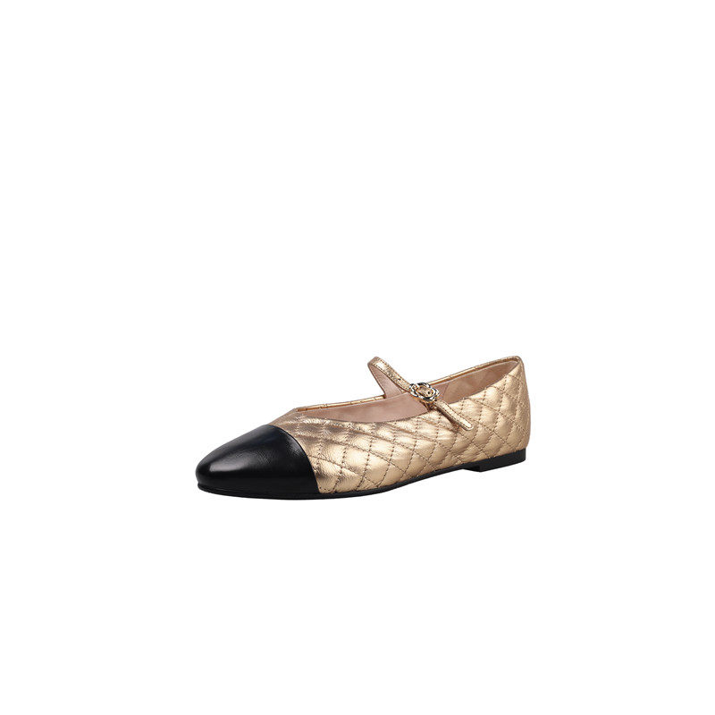 1cm真皮低跟金色格子浅口玛丽珍鞋女平底一字式圆头罗马拼色单鞋,淘宝优惠券,粉丝福利购,淘宝优惠卷