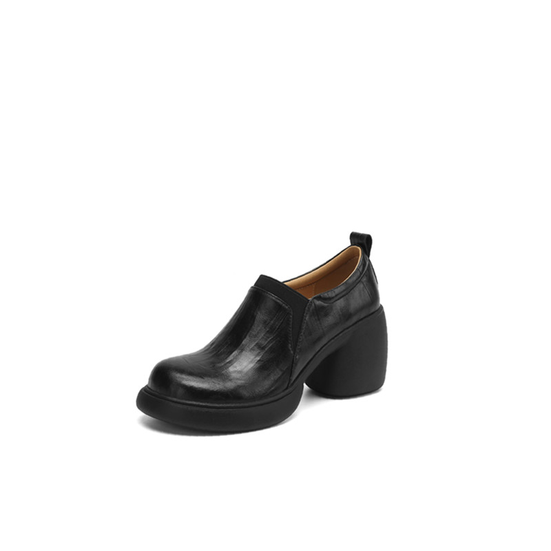2025春新款真皮厚底圆头黑色小皮鞋女粗跟松糕底羊皮复古懒人单鞋 - 图3