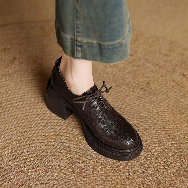 2025春新款真皮厚底系带复古小皮鞋女粗跟防水台圆头羊皮高跟单鞋 - 图1