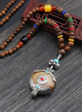 民族风复古长款木质毛衣链菩提吊坠木珠项链男女棉麻挂件佛珠配饰
