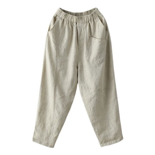 Summer loose linen casual pants ເກົ້າຈຸດຂອງແມ່ຍິງ literary ສີແຂງ elastic waist linen harem pants ຜະລິດຕະພັນໃຫມ່