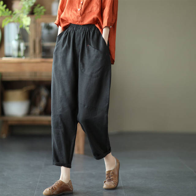 Summer loose linen casual pants ເກົ້າຈຸດຂອງແມ່ຍິງ literary ສີແຂງ elastic waist linen harem pants ຜະລິດຕະພັນໃຫມ່