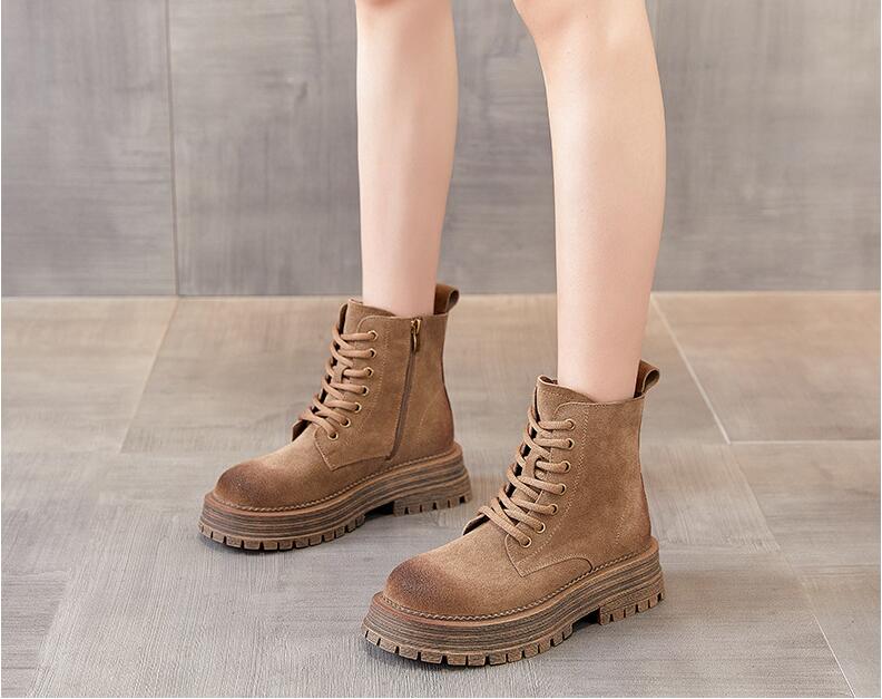 新隐形内增高8厘米防撞圆头磨砂牛皮系带粗跟厚底坡跟马丁靴9231K - 图0