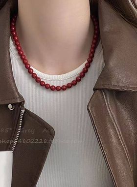 东大门安可拉红时尚玻璃珍珠毛衣项链简约本命年锁骨链显白脖颈链