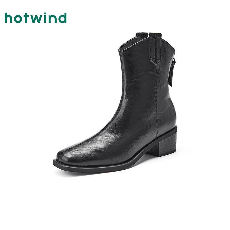 热风西部牛仔靴女2025年冬季新款复古V口短靴百搭时装靴子女鞋 - 图0