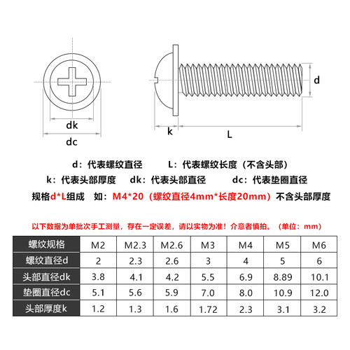 M1.4M2M2.5M3M3.5M4 PWM黑色十字圆头带垫螺丝钉自带介子机牙螺钉 - 图1