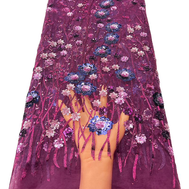 欧洲蓝色蕾丝网纱布料满幅珠片花朵亮片刺绣面料礼服婚纱旗袍服装-图3