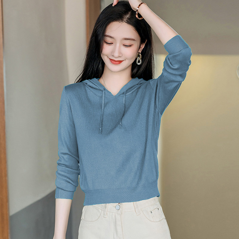 带帽子针织打底衫女长袖薄款收腰上衣2023年秋冬减龄内搭短款毛衣,淘宝优惠券,粉丝福利购,淘宝优惠卷