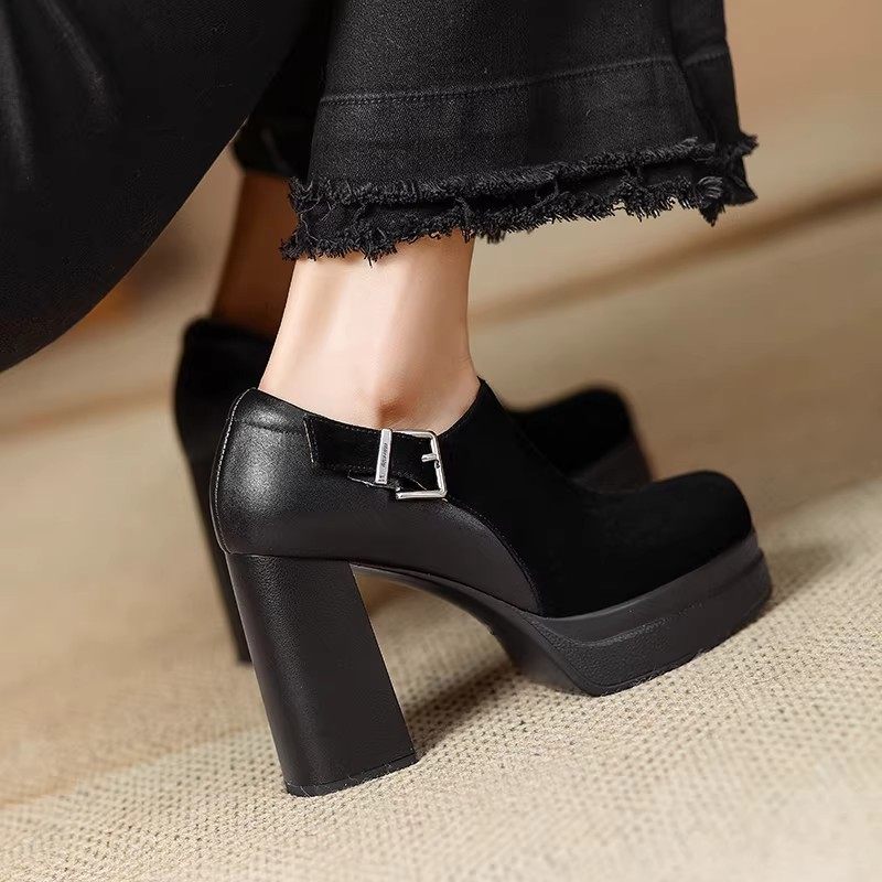 巨舒服高跟厚底防水台深口单鞋春季新款方头粗跟一脚蹬增高皮带扣,淘宝优惠券,粉丝福利购,淘宝优惠卷
