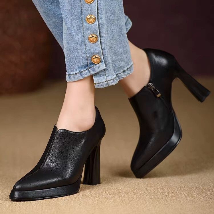 10cm手工高跟女鞋2025年秋冬新款防水台真皮单鞋尖头拉链粗跟纯色,淘宝优惠券,粉丝福利购,淘宝优惠卷