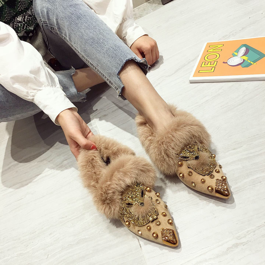 2025冬季欧洲站新款狐狸头毛毛单鞋女外穿保暖棉鞋子水钻尖头铆钉,淘宝优惠券,粉丝福利购,淘宝优惠卷