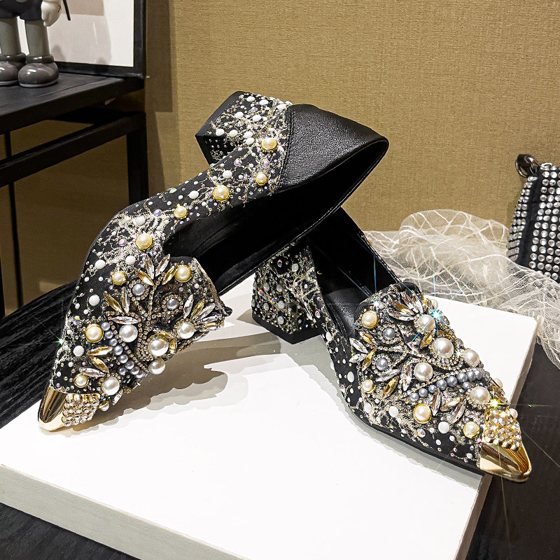 粗跟单鞋浅口秋季新款不累脚单鞋尖头高跟水钻雪莲花单鞋女,淘宝优惠券,粉丝福利购,淘宝优惠卷