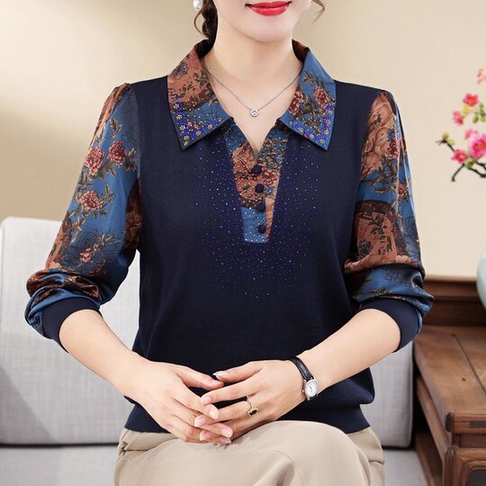 中年妈妈衬衫上衣气质洋气春装新款中老年女春秋季T恤长袖小衫女