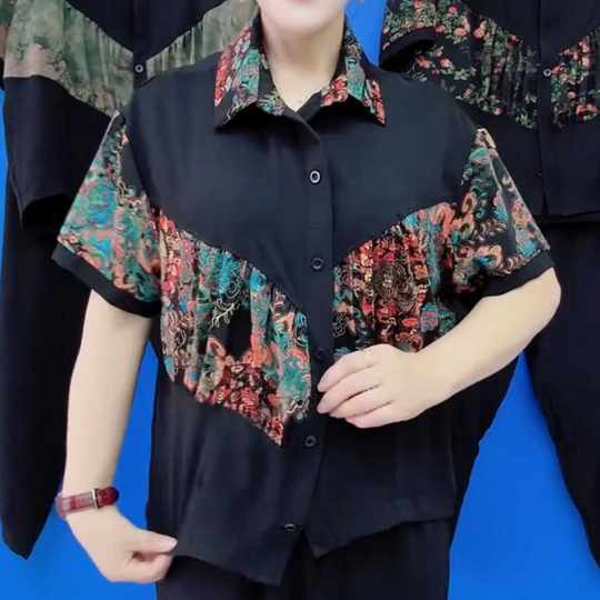 中老年妈妈装遮肉显瘦短袖衬衫2025夏季新款时尚百搭拼接上衣小衫