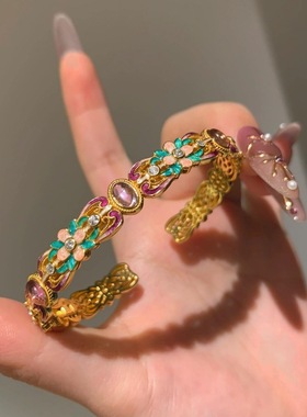 新中式珐琅滴胶彩紫玉髓花朵戒指手镯镶钻多面百搭气质国潮手饰品