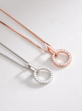 S925纯银镶钻双环扣方环圆环专柜日尚气质镀K金轻奢锁骨链巨划算