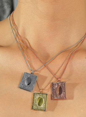 印花方形Charms DIY相盒Floating Locket吊坠钛钢镀k金项链搭配